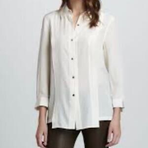 March Jacobs Women's Pintuck Pleat Silk Button Down Shirt Size 4 Cream Off White